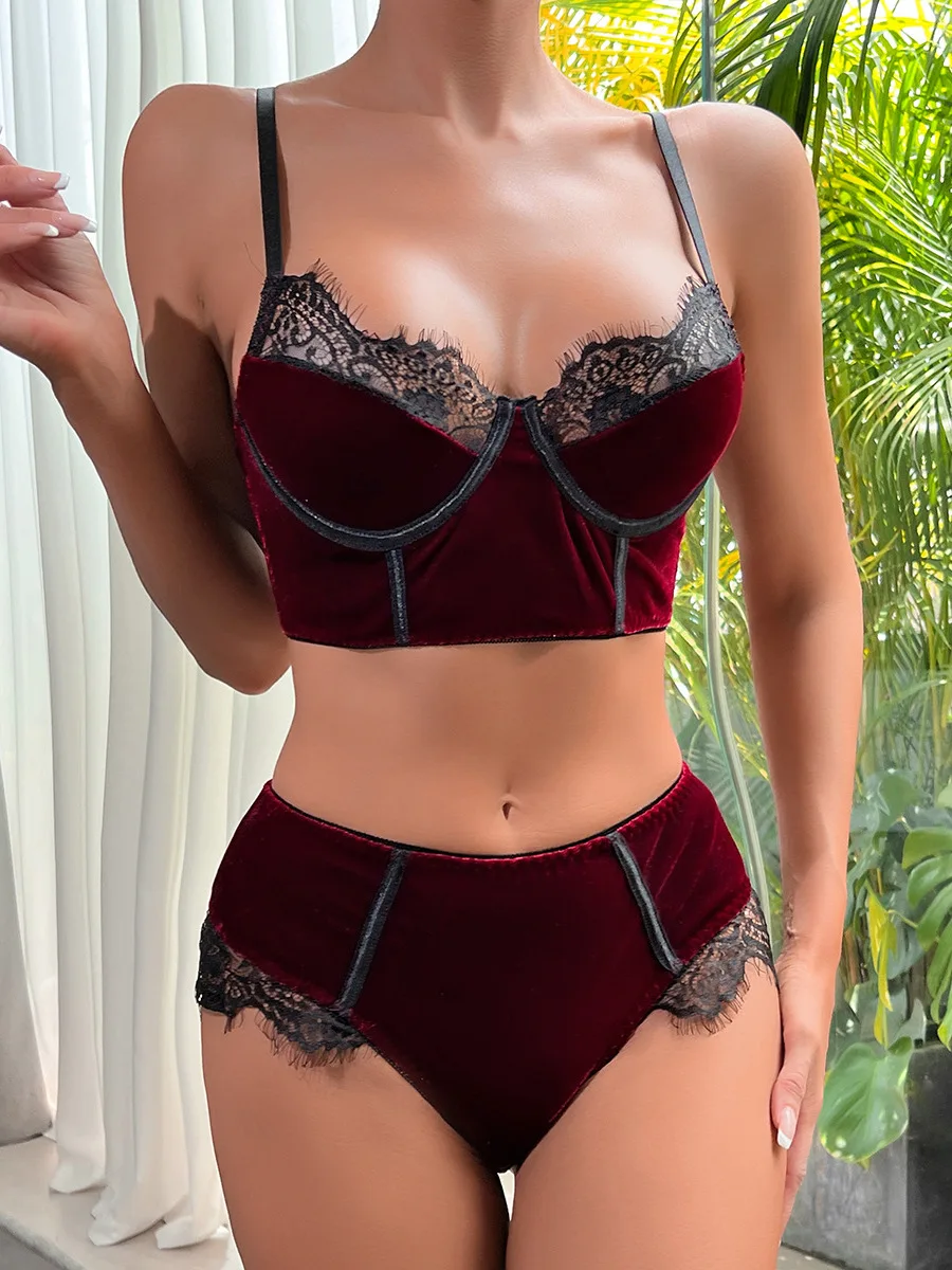 New Wine Red Velvet Splicing Lace Comfortable Bobysuit For WomenTight Fitting Slim Fit  Woman Jumpsuit 2024  Elastic Force J4KW