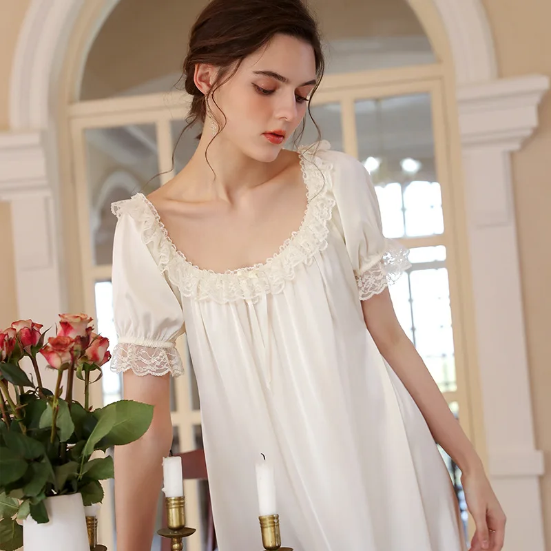 Sweet Summer Ice Silk Nightdress Women Satin Round Neck Nightgown Princess Sleepwear Nightwear Sexy Short Sleeve Night Dress