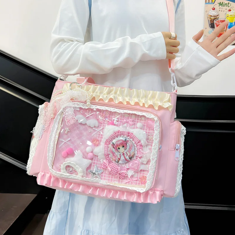 

Canvas Lace Ita Bag, Preppy Girls Crossbody Shoulder Bag, Clear Large Capacity ItaBag with Display Board for Anime Goods Badges