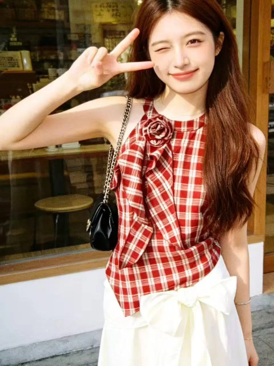 

Summer 2026 High Waist Plaid Sleeveless round Neck Floral Design Women's Skirt Set Elegant Korean Style T-Shirt Dress