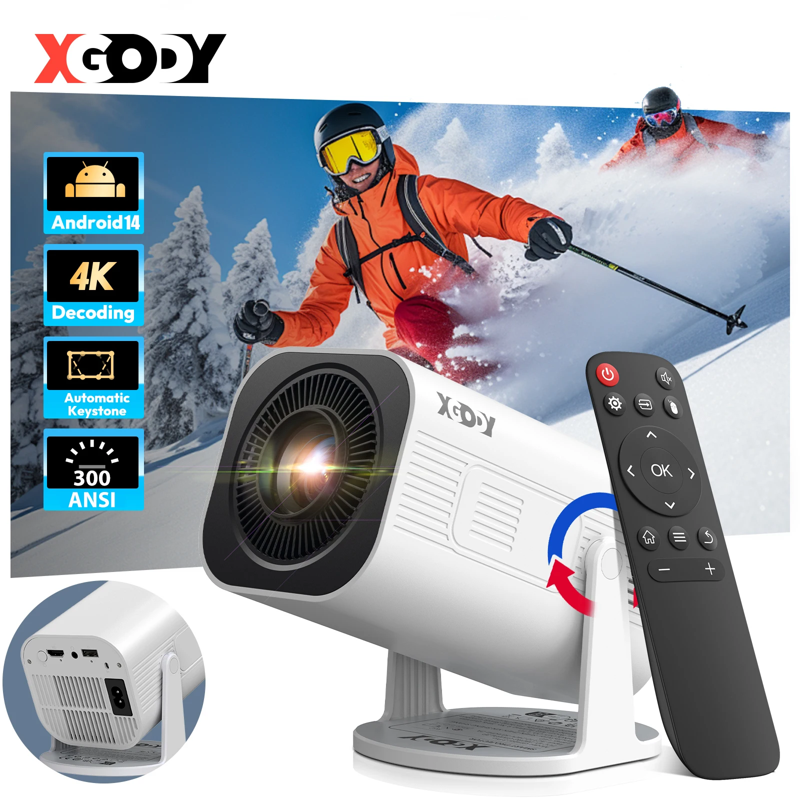 Auto Focus Keystone Correction Projector - XGODY ジンバル3 Pro ポータブルプロジェクター。ネイティブ720P、300 ANSIルーメン、4K対応。Android 14、Wi-Fi