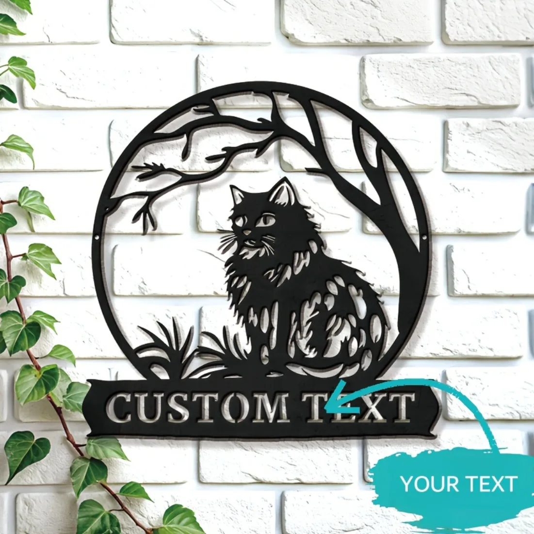 

Tailor-Made Cat Silhouette Metal Sign - Rustic Charm Meets Durable Craft | Custom Text Option for Devoted Animal Enthusiasts.