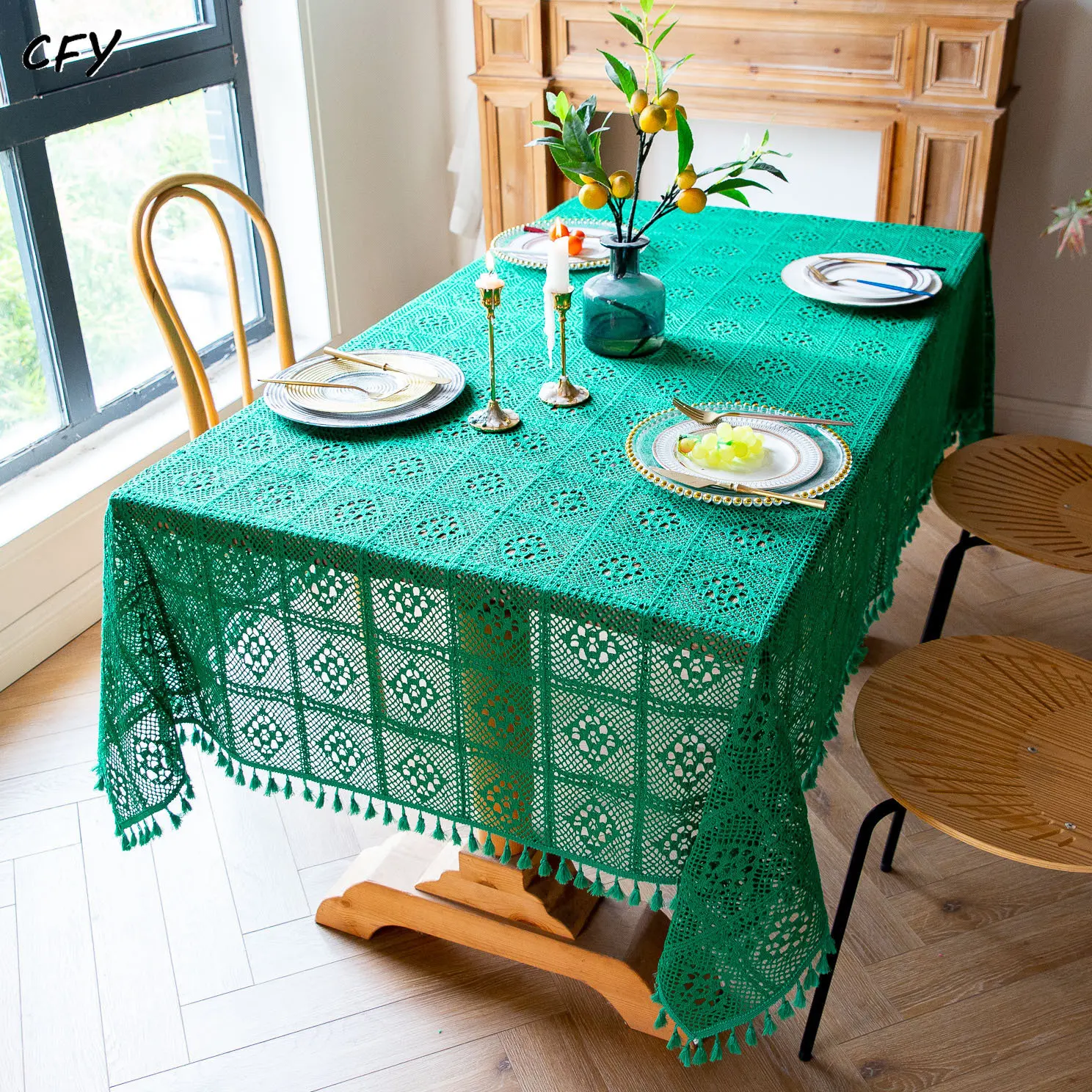 

American Retro Cotton Linen Green Plaid Tablecloth Checkered Knit Tassels Rectangular Tablecloth Dining Table Cover Tea Cloth