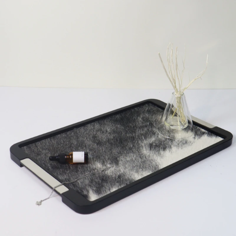 

European Light Luxury Tray Simple Rectangular Metal Solid Wood Serving Tray Horsehair Ornament Home Accessories Plateau XY40TP