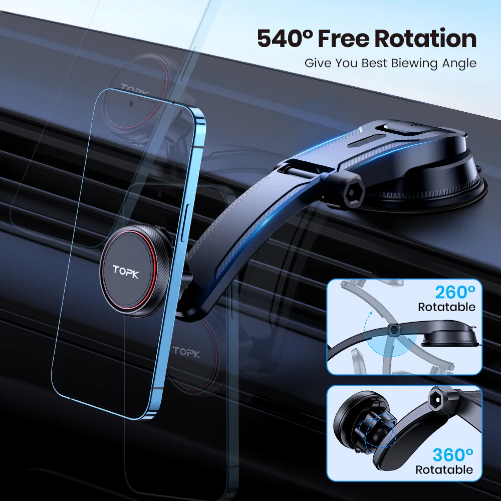 TOPK Magnetic Car Phone Holder for Dashboard, Upgraded Ultra Strong N52 Magnet Adjustable Car Phone Mount for All Phones