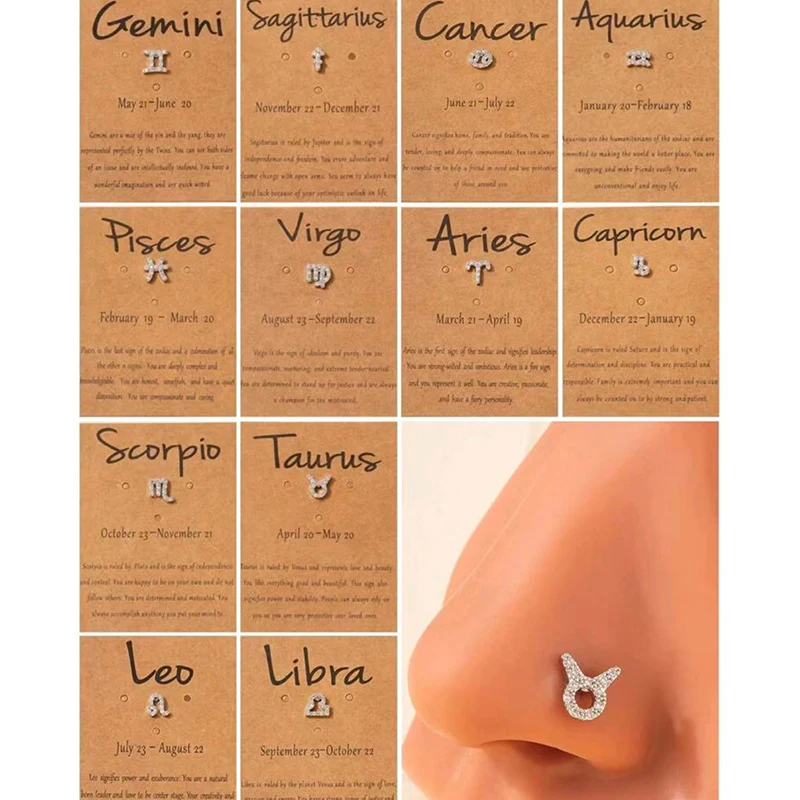 1 Pc 12 Constellations Copper Inlaid Zirconia L-Bar Nose Nail Nose Ring Nose Piercing Jewelry For Women