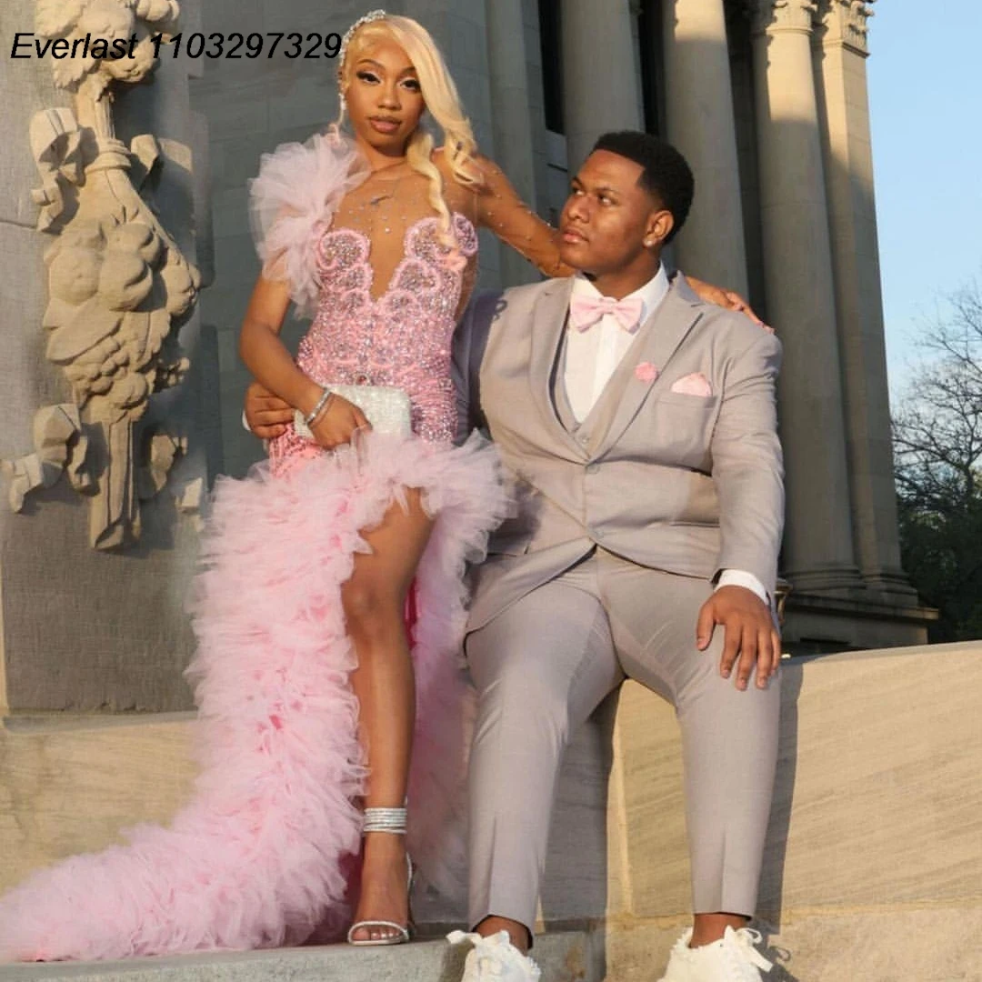 EVLAST Customized Pink Sequins High Slit Prom Dress For Black Girls Ruffles Rhinestone Beaded Formal Party Gala Gown TPD146