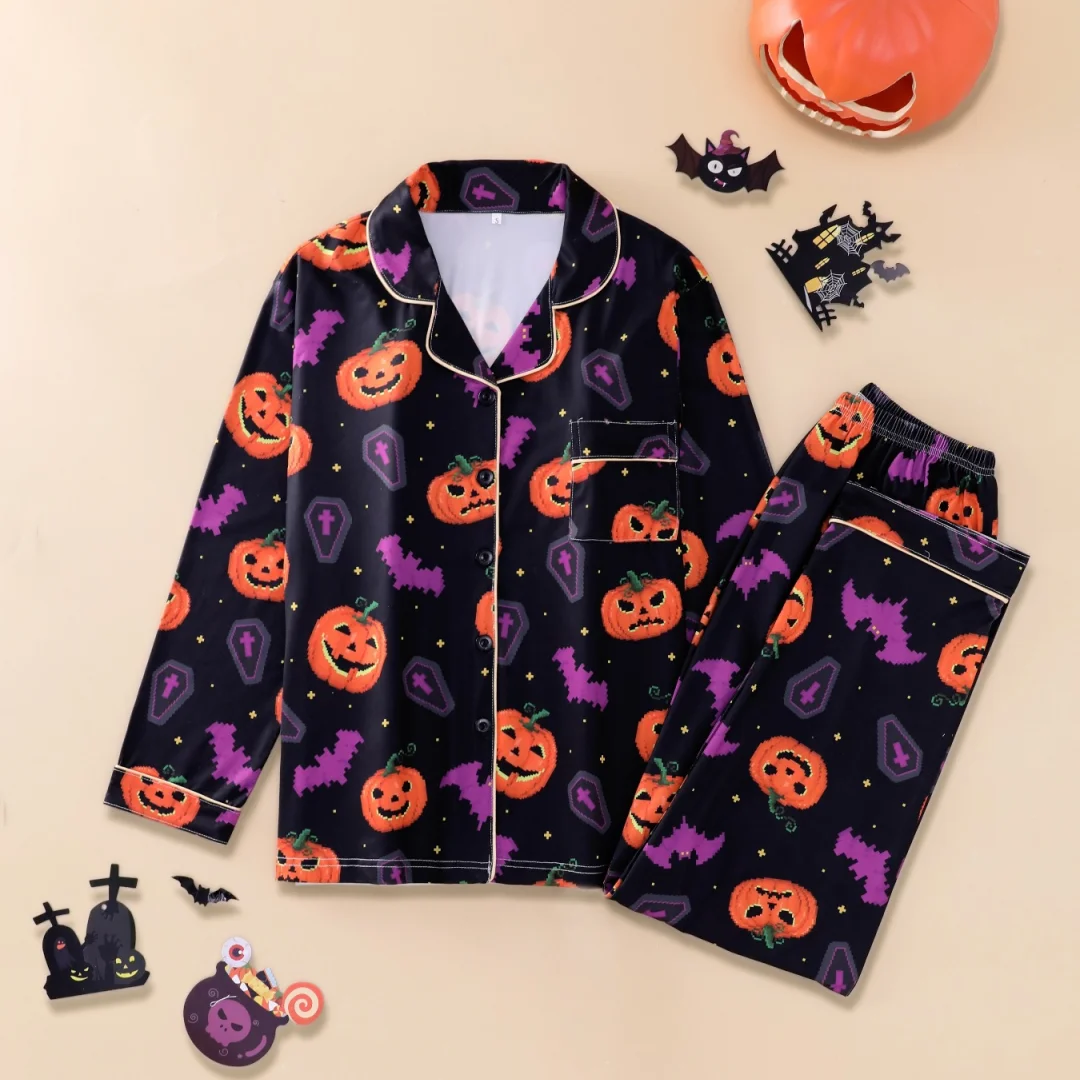 Black Pumpkin Bat Print Pajama Halloween Themed Long-sleeved Pants Spring Autumn Home Wear Set for Women