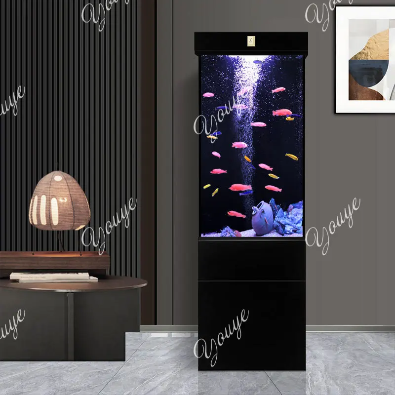 

living room floor-to-ceiling ultra-white glass vertical fish tank has a bottom filter dry and wet separation ecological tank