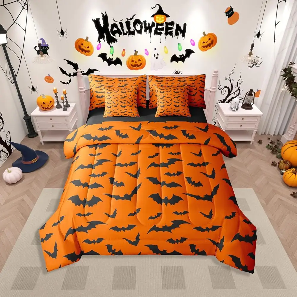 

7-Piece Bat-Themed Bedding Set for Halloween, Suitable for Adults and Kids, in Orange and Black