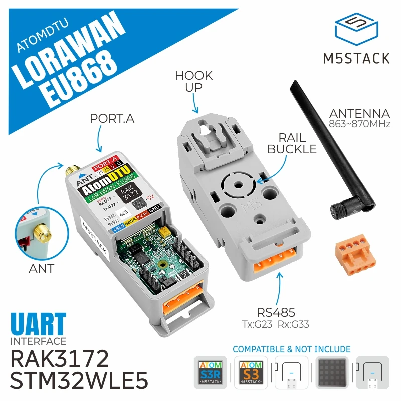 M5Stack Official Atomic DTU LoRaWAN Base -US915/EU868(STM32WLE5CC)