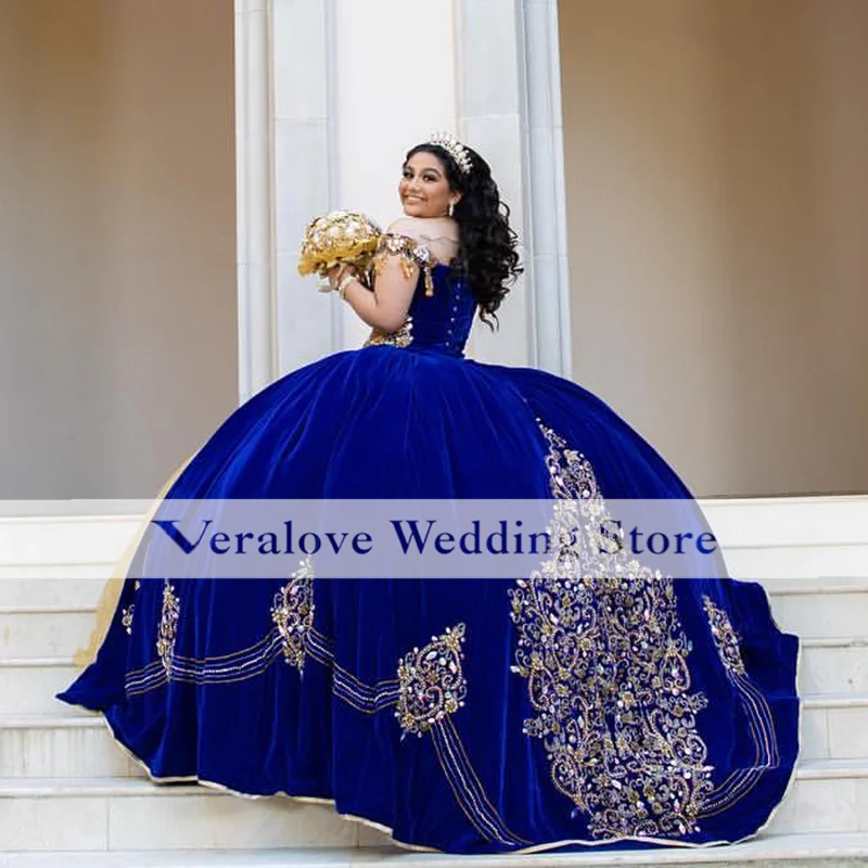 Royal Blue Quinceanera Dresses Velvet Beads Crystal Sweet 16 Mexican Girls Prom Gowns Ruffles vestidos de 15 años Custom Size