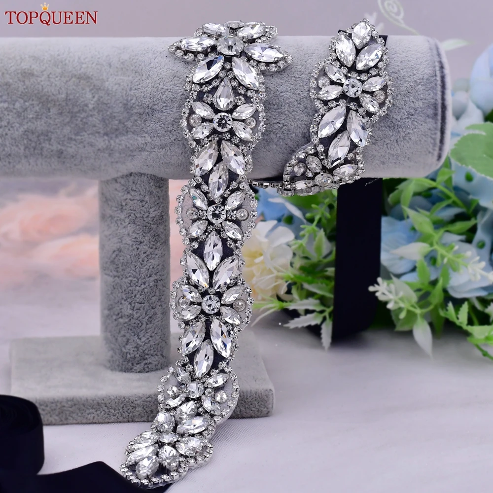 TOPQUEEN – ceinture de taille S21 pour robe de mariée en argent et strass, accessoires de luxe de styliste, ruban en Satin