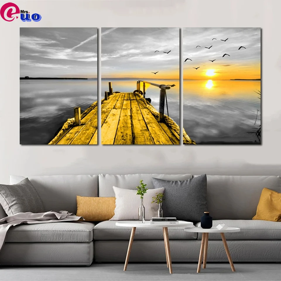 Bridge Beach Poster Diamond Painting Modern Landscape Wall Art For Living Room 3 Pieces Sunset Bird Indoor Decoration Home Decor