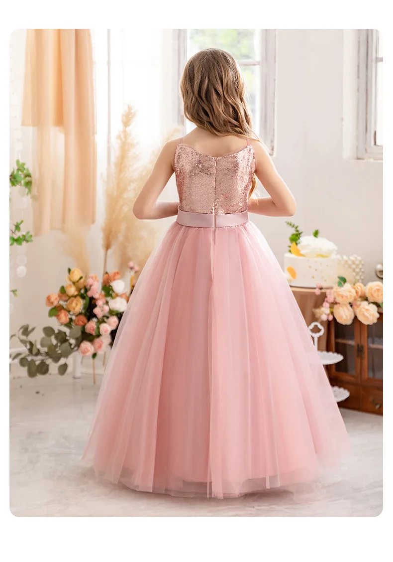 Elegante paillettes Layering Flower Girl abiti lunghi compleanno Prom Party matrimonio comunione Costume da principessa personalizzato celebrazione