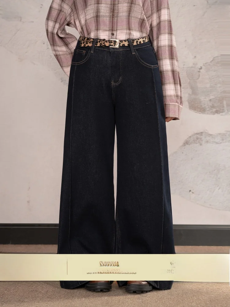 

Heynew plus Size Women's Vintage Blue Wide Leg Jeans Winter Fce Lined High Street Straight Cut Long Trousers