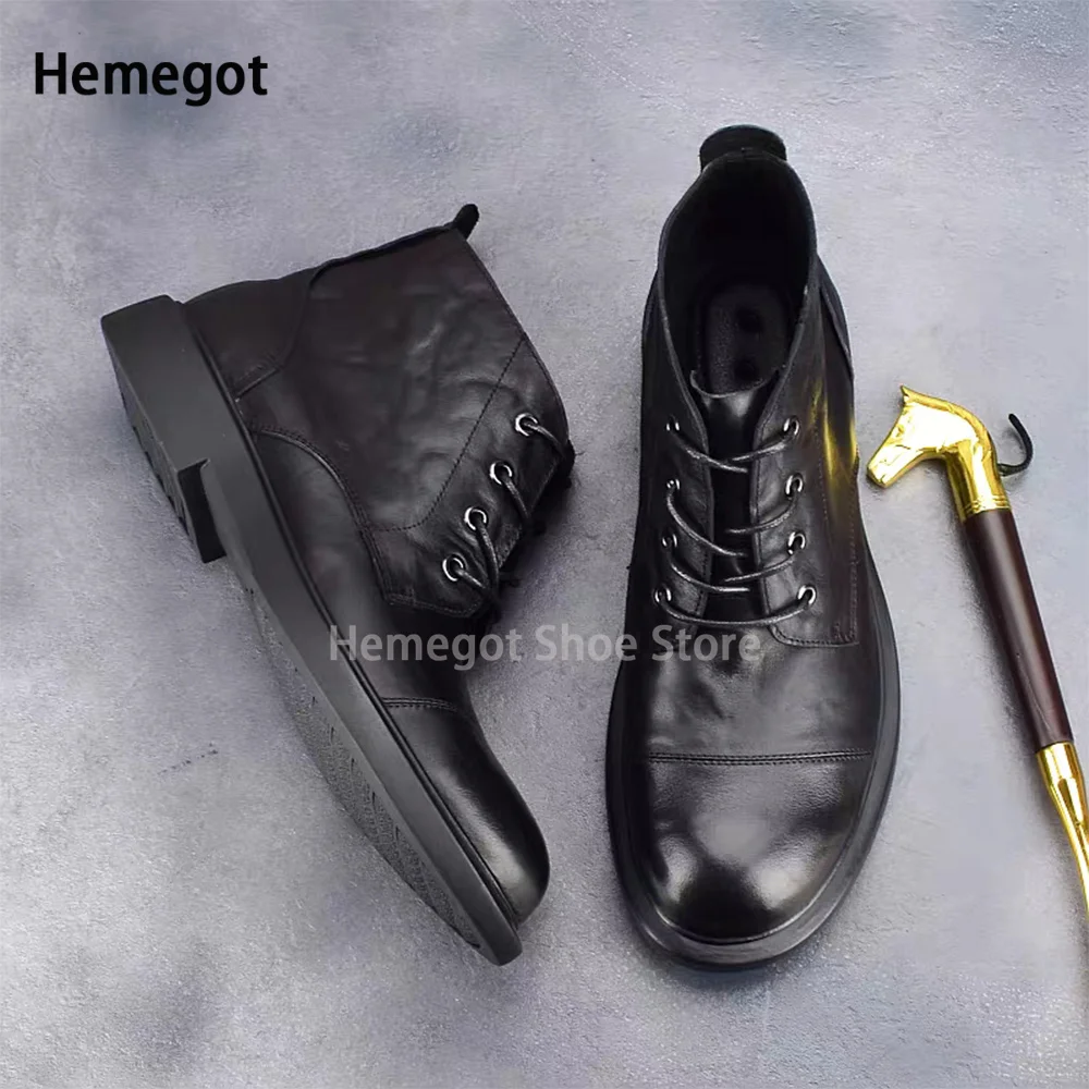 Black Leather Men's Boots High-Top Height Increasing Men's Shoes Novelty Designer Solid Booties British Style Handmade Men Shoes