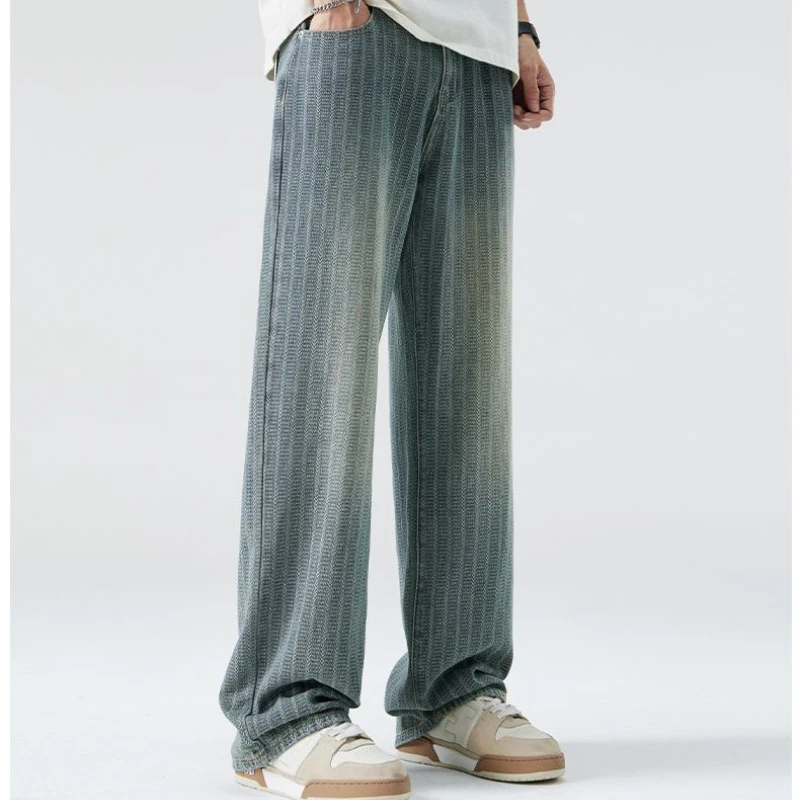 レトロ星空柄ジーンズメンズルーズストレート春と秋の新ストライプ洗濯トレンディカジュアルパンツ