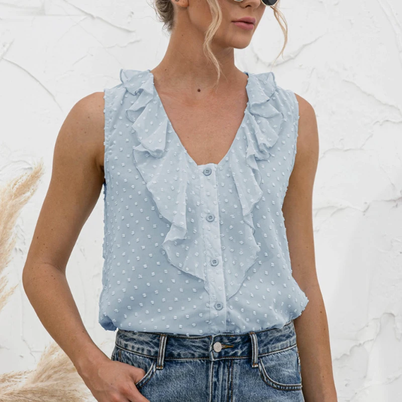 

Sweet Ruffles Button Shirt Women Tops New Spring and Summer 2023 Sexy V-neck Sleeveless Camis Blouse Casual Clothes Blusas 25557