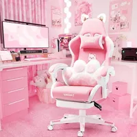 Pink Gaming Chair With Cat Paw Lumbar Cushion and Cat Ears Computer Armchair Reclining PC Game Chair for Girl Kids Teen Gamer