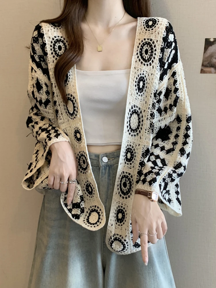 

Женский вязаный открытый кардиган с крючком и цветком Long Sve, летний женский летний топ большого размера, толстый мм, защитный солнцезащитный топ