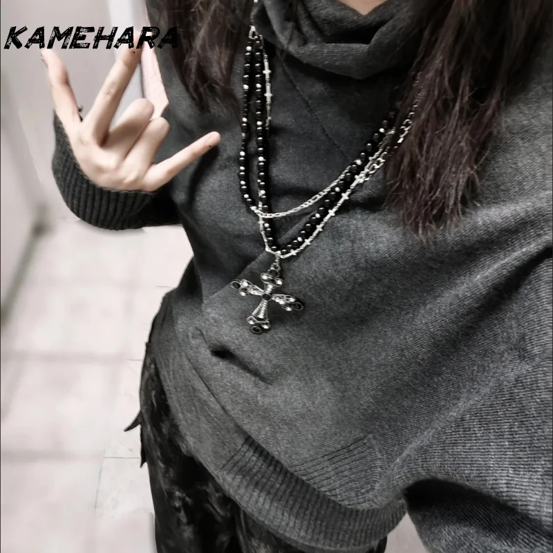 KAMEHARA بلوفرات أمريكية أنيقة غير متناظرة طويلة محبوكة بأكمام تشبه جناح الخفّاش Y2k Harajuku سترات خريفية للسيدات للمكتب سترات فاسق #3