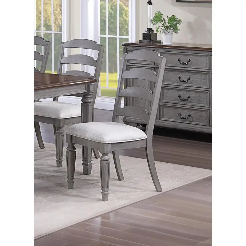 كراسي جانبية لغرفة الطعام مكونة من قطعتين باللون الرمادي الكلاسيكي مع ظهر سلم ومقعد وسادة