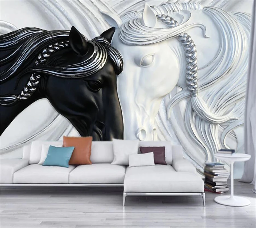 Custom wallpaper 3d fashion black and white double horse embossed TV background wall living room bedroom hotel wallpaper обои 3d