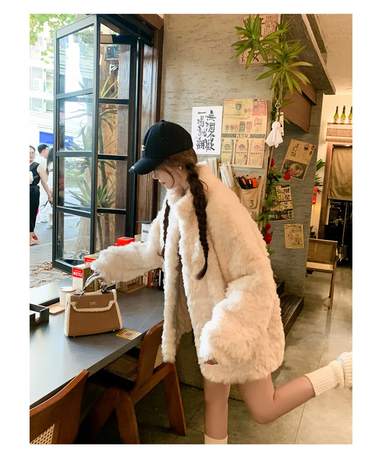 Damska moda, płaszcz o średniej długości, casualowy, elegancki, do pracy, z sztucznego futra, ciepły, ekologiczny, bioniczny, dopasowany, wiatroodporny, chroniący przed zimnem.