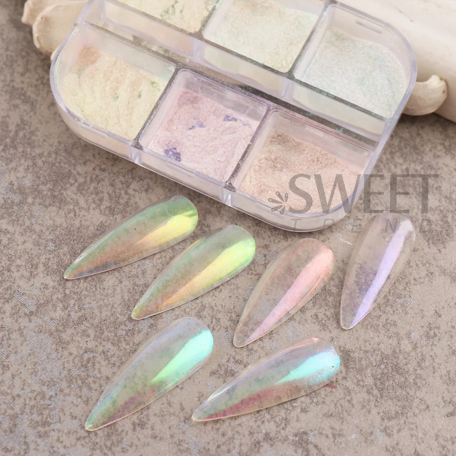 6 Grids Aurora Mirror Nails Powder Aurora Shiny Pearl Chrome Effect Pigments Gel Polish Laser Dust Glitter Manicure Decoration