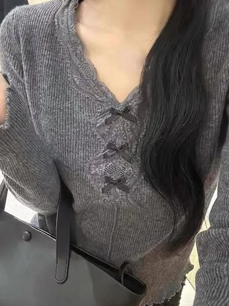 

Lace Trim V-Ne Long Sve Knitted Top Women's Faion Comfortable Base irt Korean Sle Commute Regular Fit Knitwear