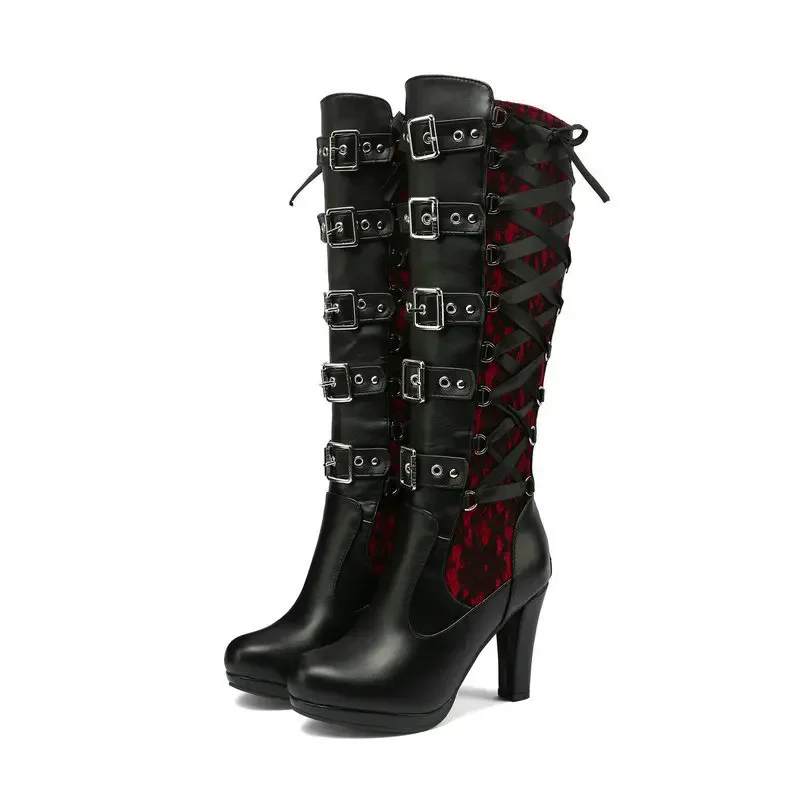 

Винтажные женские ботинки в стиле панк на осень-зиму, новый стиль, универсальные высокие сапоги на толстом каблуке и очень высоком каблуке с круглой головкой и пряжкой на ремне