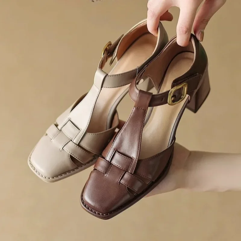French Block Heel Baotou Roman Shoes Women's Summer Cutout Vintage High Heel Sandals
