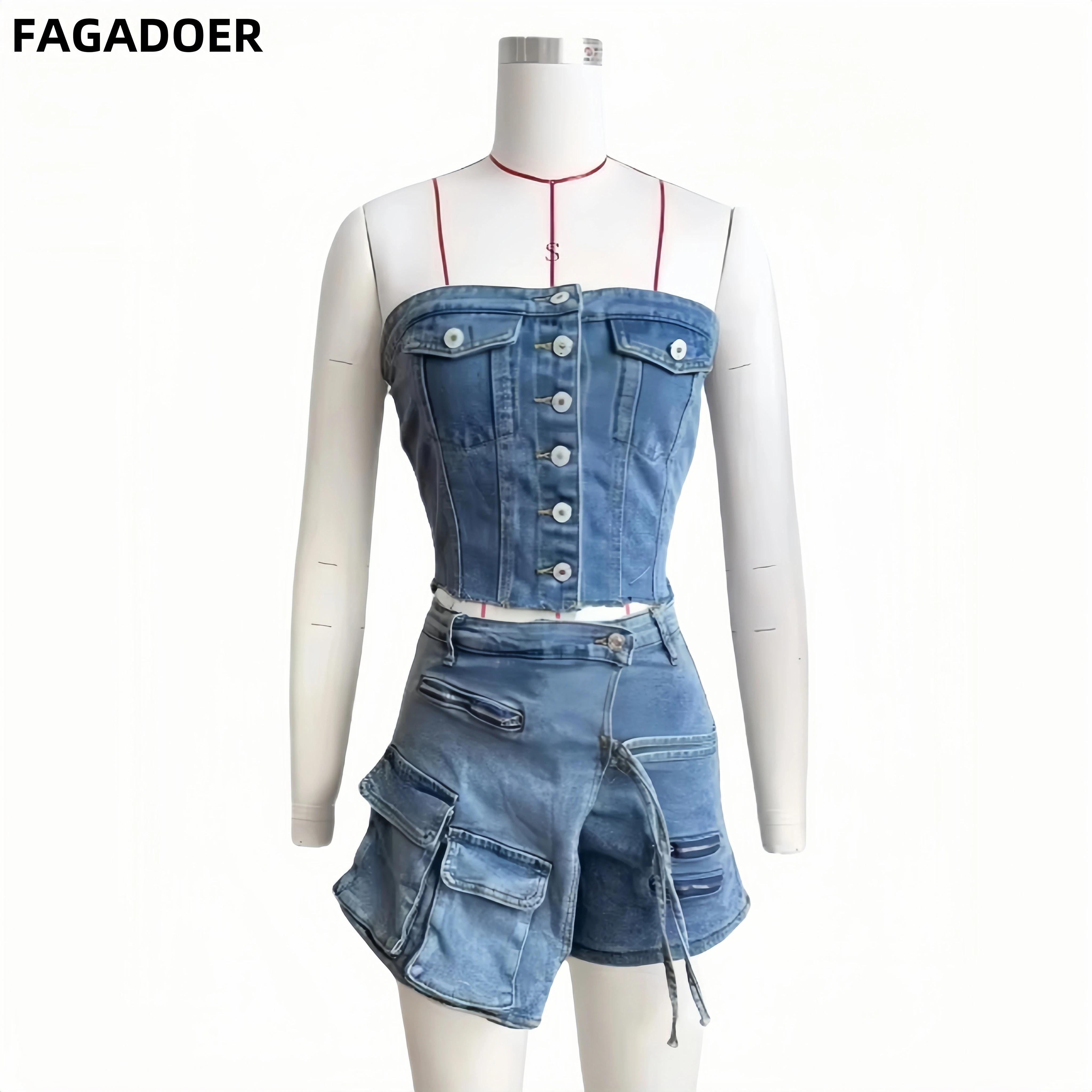 FAGADOER Fashion Denim Pocket Irregular Shorts Two Piece Sets Women Button Backless Slim Tube + Shorts Outfits Female Streetwear