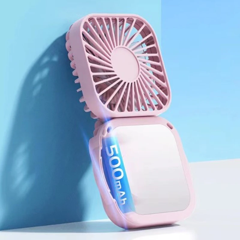 Summer Convenience Strap USB Rechargeable Small Fan With Makeup Mirror Mute Handheld Folding Desktop Multi Range Electric Fan