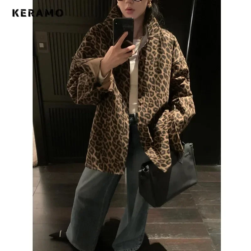 American Retro Leopard Print Baggy Casual Fashion Denim Jacket 2024 Autumn Winter Women's Street Y2K Vintage Loose Denim Coat