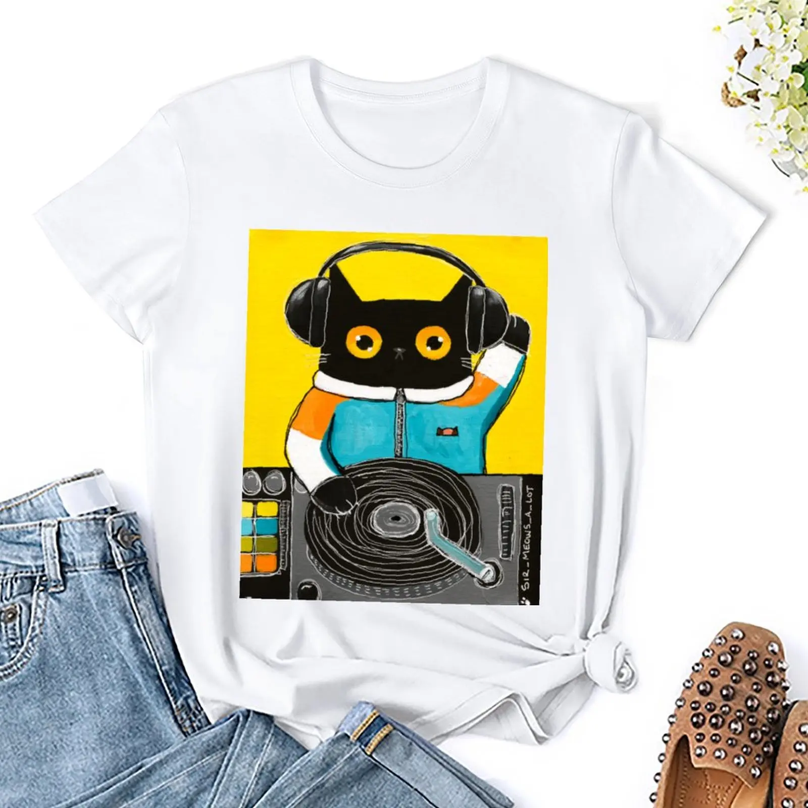 DJ Cat 2 T-shirt Short sleeve tee hippie clothes Women t-shirts