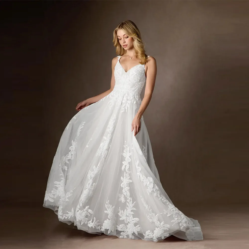 Maßgeschneiderte moderne Brautkleider für Frauen, ärmellose Spaghettiträger, 2024, Braut-Tüll, A-Linie, Applikationen, Vestidos De Noiva