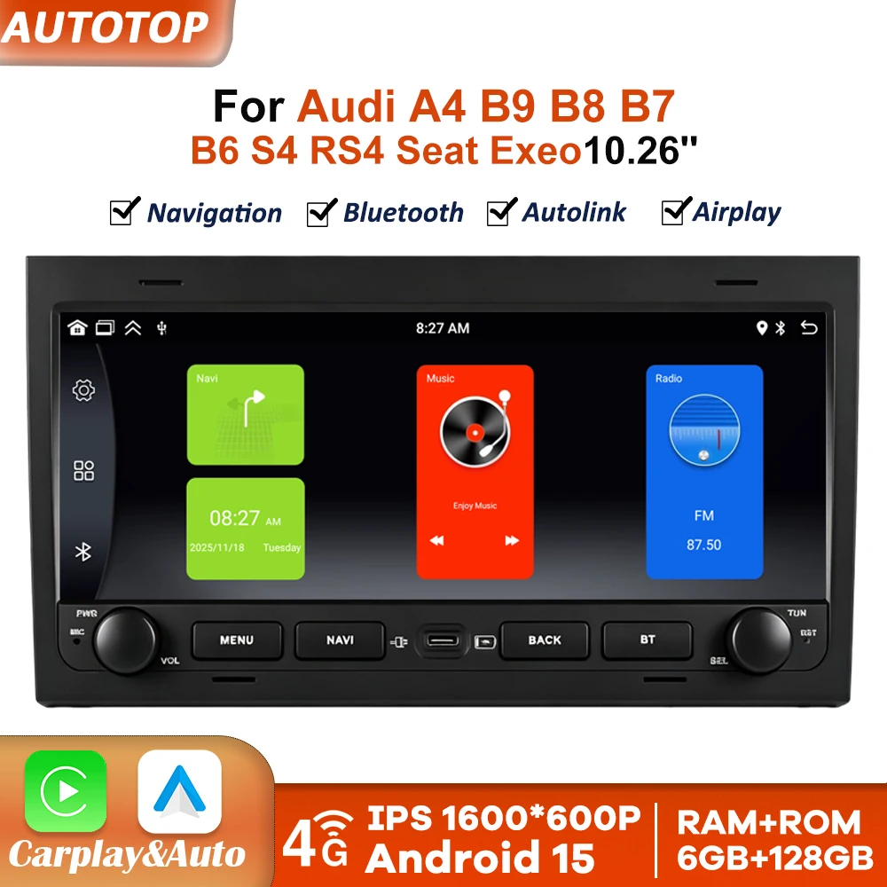 Bezprzewodowy CarPlay i Android Auto, 10,26-calowy ekran dotykowy do samochodów Audi A4 B9 B8 B7 B6 S4 RS4, Seat Exeo. Inteligentne systemy samochodowe, inteligentne radio samochodowe, multimedia, 4G,