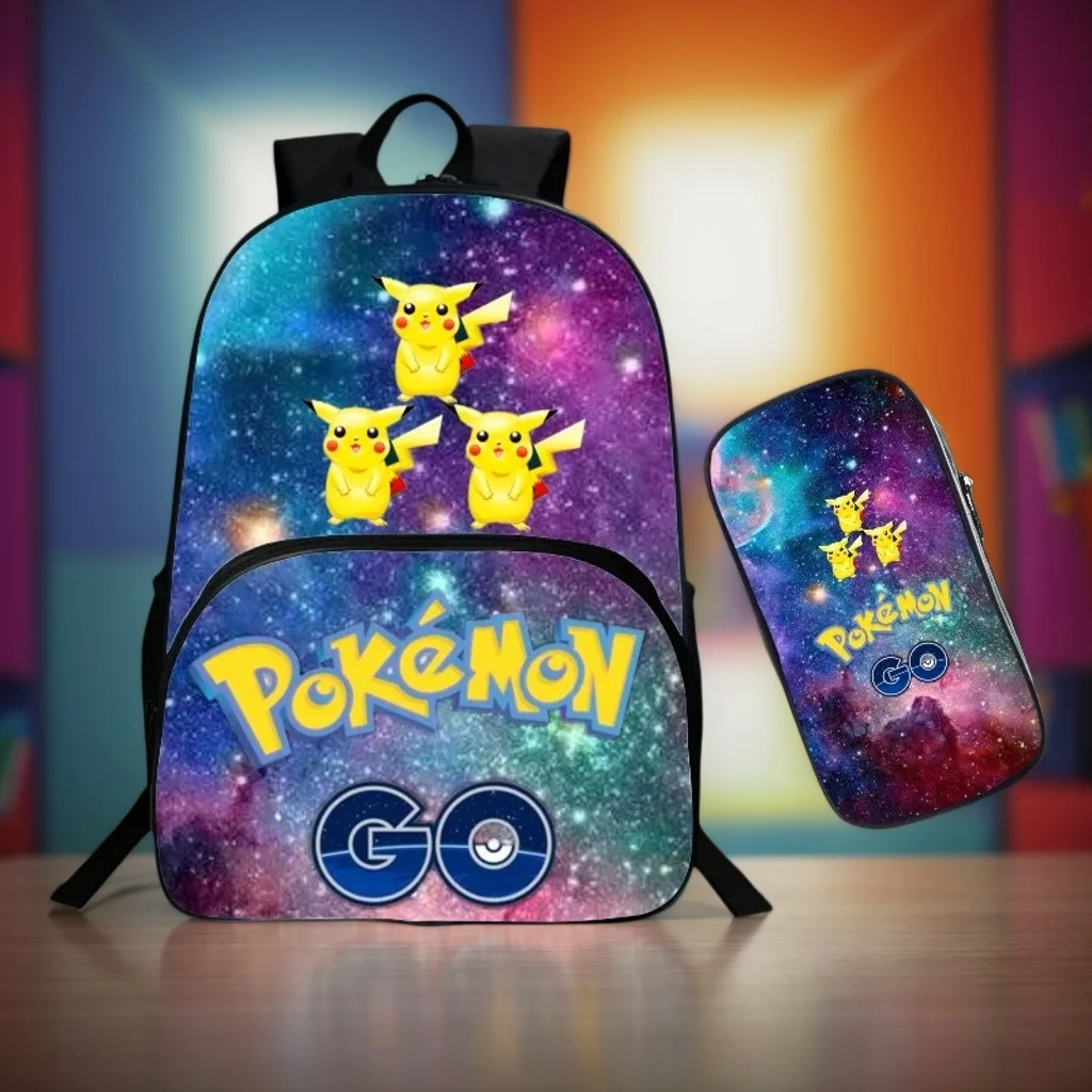 Elementary Children Poke_mon Trendy Backpack 2 in 1 Set-Front Pocket Knapsack and Pencil Box for School