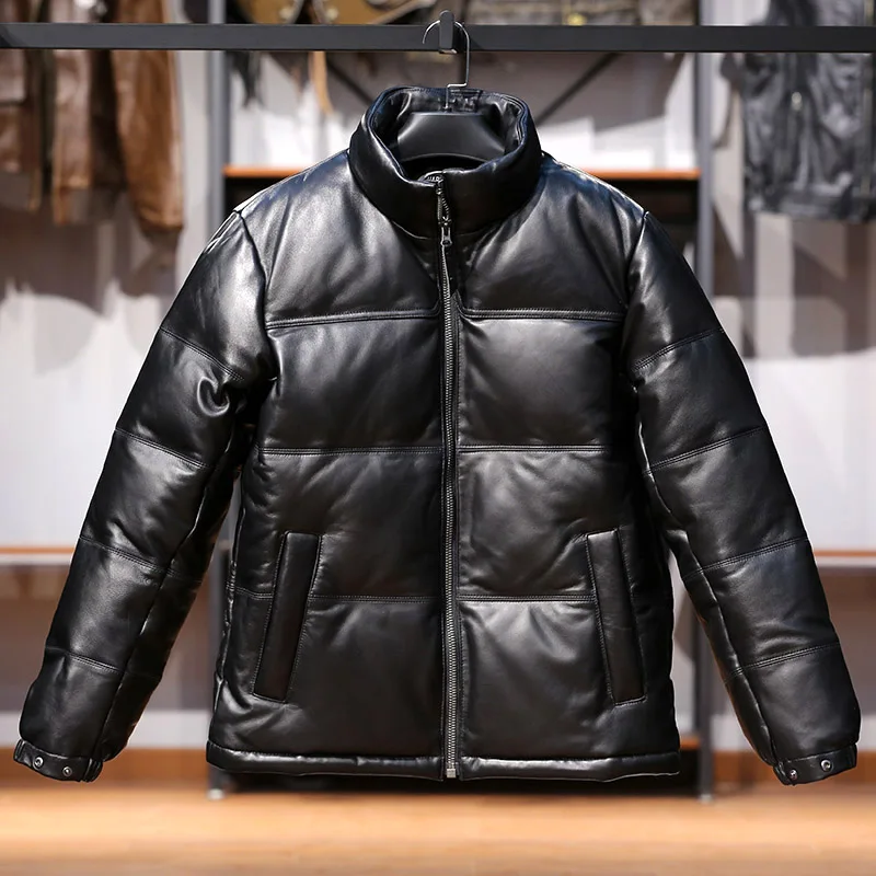 

Winter High Quality Men's Warm Thickened Outdoor Recreat Black Casual Stand Collar Sheepskin Coats Genuine Leather Down Jacket