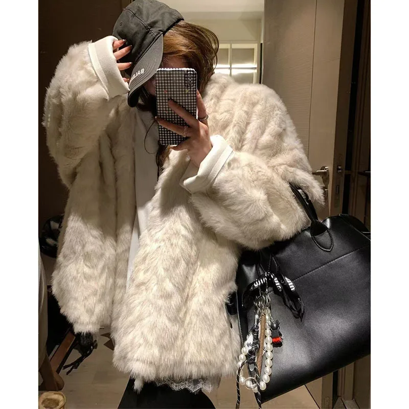 Autumn Women Fashion Casual Faux Fur Coat Winter Ladies High End Long Sleeves Plush Jacket Korean Female Loose Fox Fur Outwear