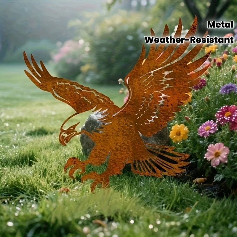1pc Rusty Metal Eagle Garden Stake Iron Outdoor Decor for Lawn Tree Stump Balcony Landscape Yard Art Sculpture