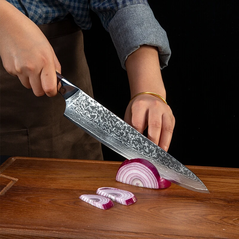 TJ POP Professional 9.5 Inch Gyuto Knife VG10 67 Layer Damascus Steel Pakkawood Handle Meat Cutting Slicing Kitchen Chef Knife