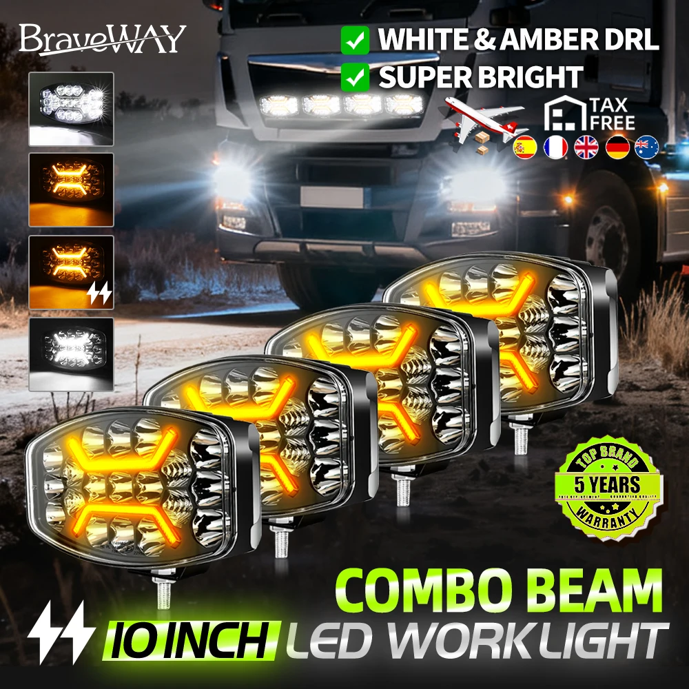 Braveway 10-Zoll Ovales Arbeitslicht Wasserdichter LED-Scheinwerfer 10-60V Zweifarbig Weiß-Amber LED-Fahrlicht für LKW Offroad SUV