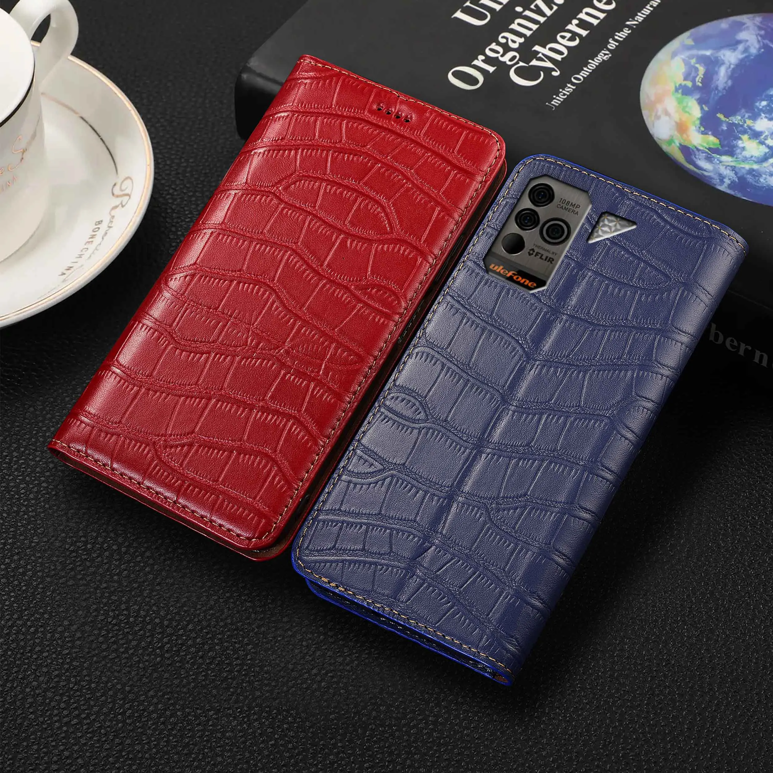 For Ulefone Armor Mini 20 20T 13 14 15 16 17 18 18T Pro Crocodile Belly Pattern Of Genuine Leather Flip Phone Cover Case Cowhide