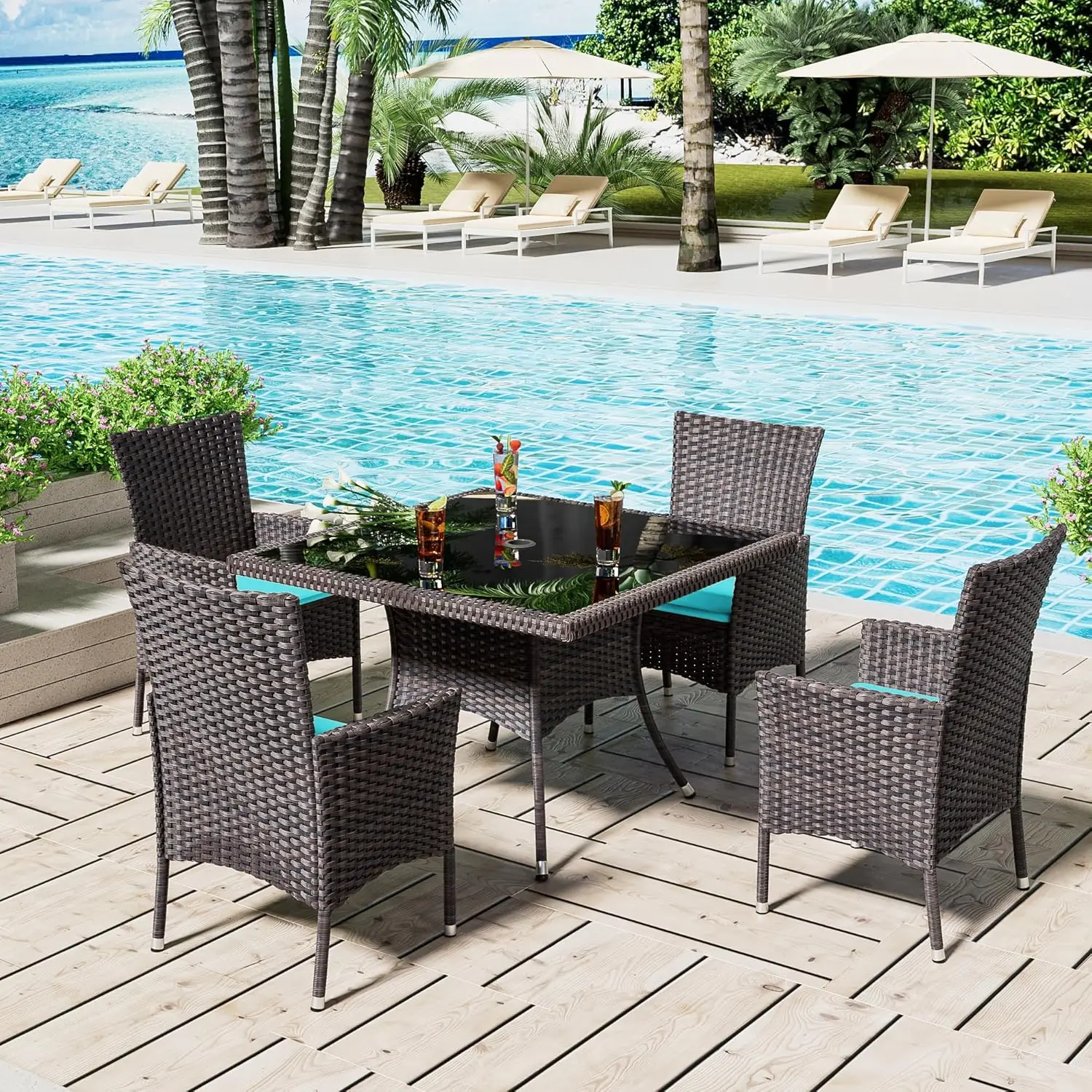 

5 Pieces Dining Set with Rattan Wicker Dining Set Chairs and Square Table Glass Top with Umbrella Cutout, Outdoor and Indoor Set