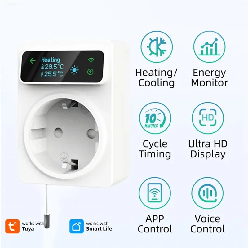 DT17 Smart Plug Thermostat, WiFi Temperature Controller, Tuya Smart, 16A Heating Cooling Socket, Timer Switch, Works with Alexa