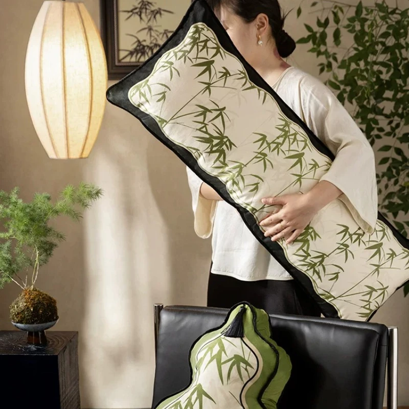 Bamboo Print Chinese Decorative Long Velvet Pillowcase Rectangular Waist Cushion Covers for Bedroom Headboard Living Room Sofa