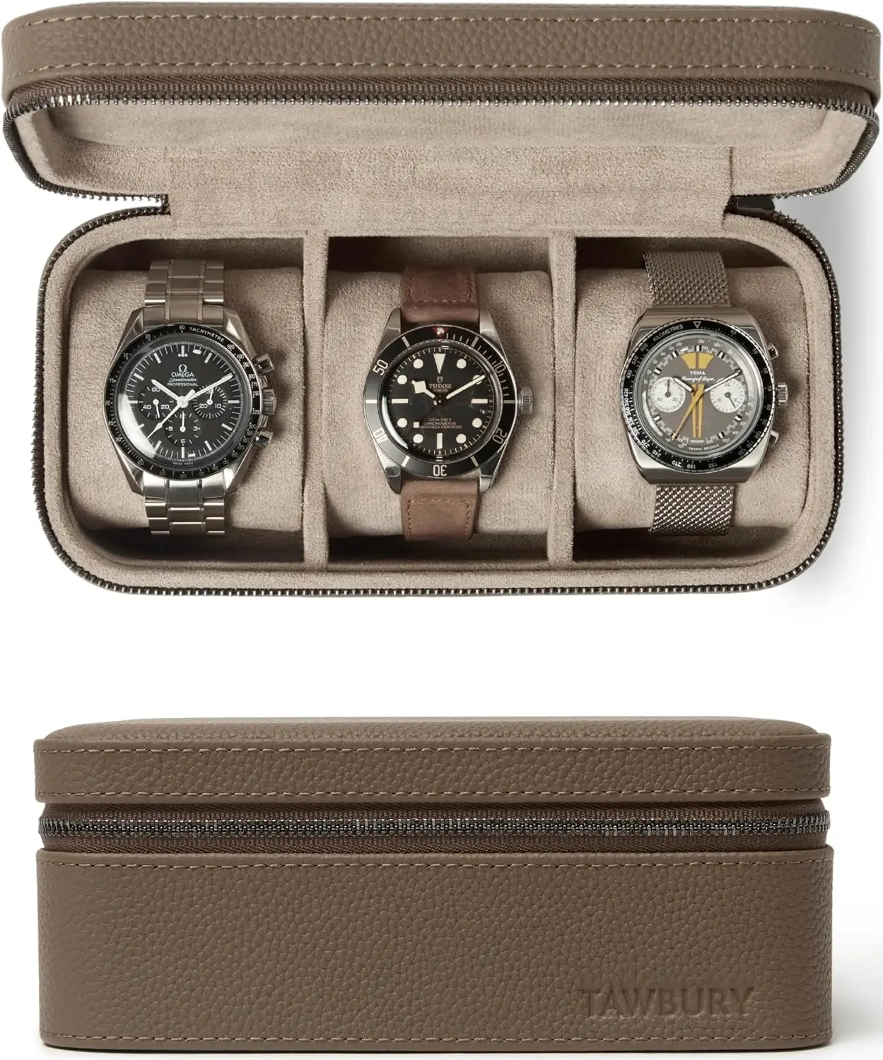 Luxury Leather Watch Box Unisex Travel Case Zipper Closure Taupe Genuine Leather 3 Watch Carrying Case